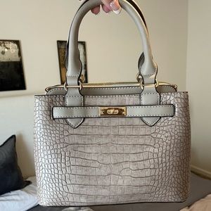 Faux Crocodile Print Taupe Handbag with Gold Accents